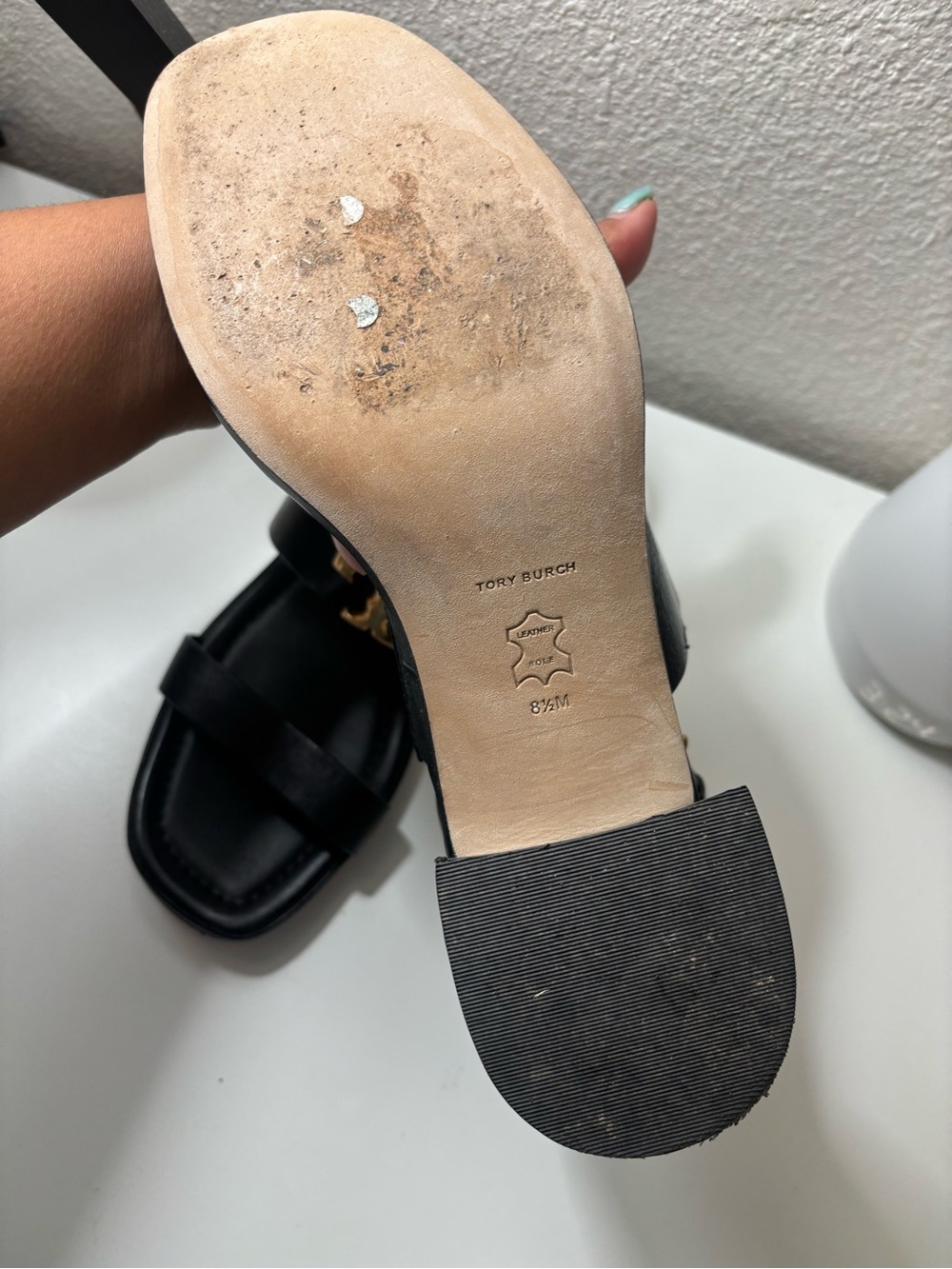 Tory Burch Black Leather Slingback Sandals with Gold Logo Medallions - Picture 6 of 6